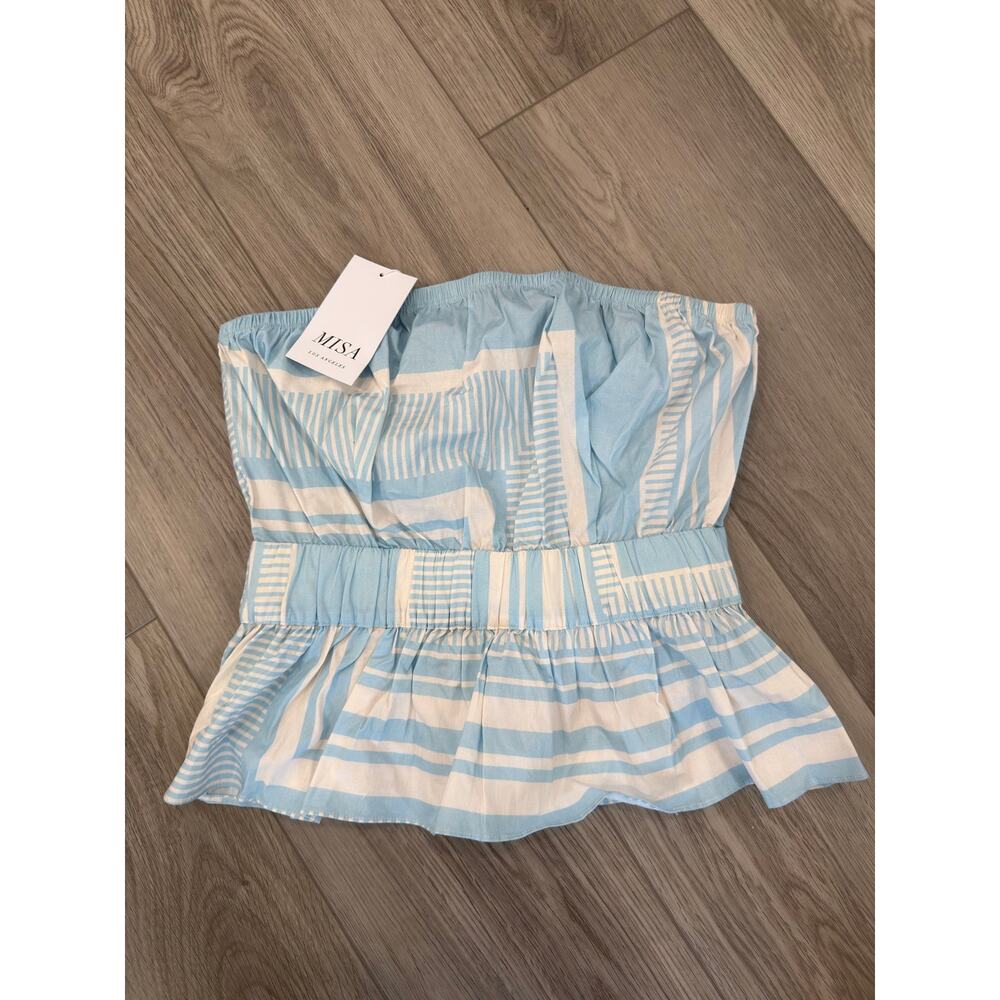 Misa Los Angeles Linear Geo Blue White Nautical Casual Tube Peplum Top NWT XS
